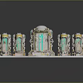 3D Rendered Tech Device Featuring White Main Structure Green Display And Surrounding Green Transparent Units
