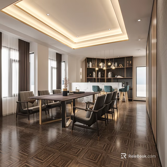 Modern Luxury Restaurant Interior With Large Dining Table Comfortable Seats And Chic Marble Bar Area 3d model 