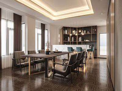 Modern Luxury Restaurant Interior With Large Dining Table Comfortable Seats And Chic Marble Bar Area 3d model