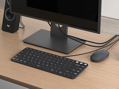 Computer Setup With Monitor Keyboard Mouse And Speaker On Wooden Desk 3d model