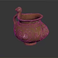 Handcrafted Carved Pottery Jar With Bird Shaped Handle And Intricate Patterns