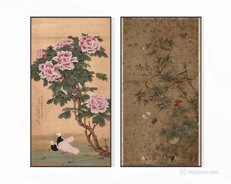 Oriental Botanical Paintings Featuring Pink Peonies Bamboo Leaves And Floral Details 3d model 