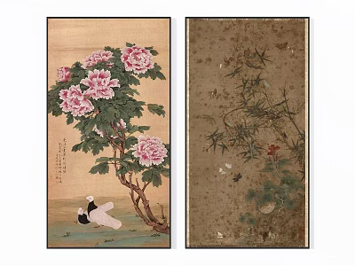 Oriental Botanical Paintings Featuring Pink Peonies Bamboo Leaves And Floral Details 3d model
