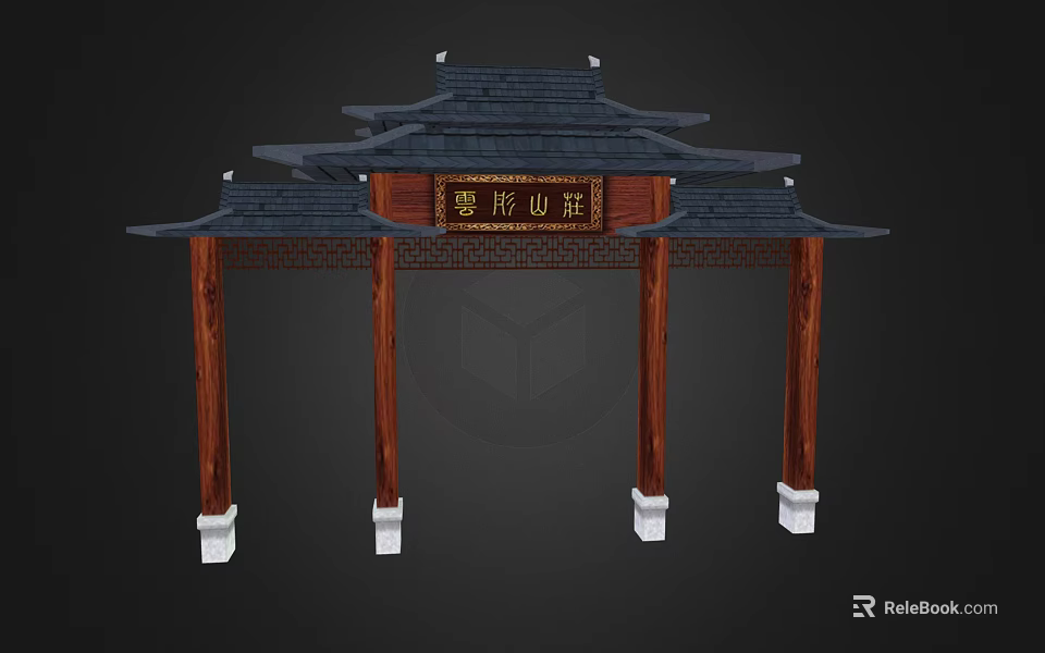 Traditional Chinese Archway With Black Roof Wooden Pillars White Bases And Carved Plaque 3d model 