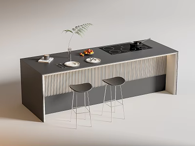 Modern Bar Counter With Two Bar Stools Plant Decoration Fruit Plate And Striped Side Panel 3d model