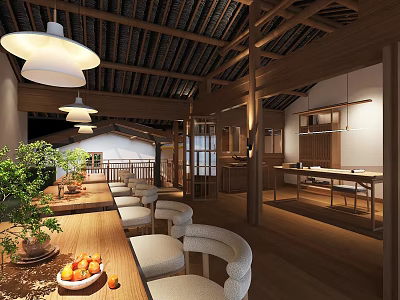 Traditional Chinese Hotpot Restaurant Interior With Wooden Structure Pendant Lights Dining Tables And Green Plants 3d model