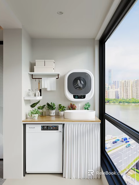 Modern Home Balcony With Washing Machine Sink Plants Shelves And City River View 3d model 