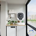 Modern Home Balcony With Washing Machine Sink Plants Shelves And City River View