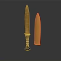 Ornate Golden Dagger And Sheath With Intricate Carved Designs And Decorative Handle
