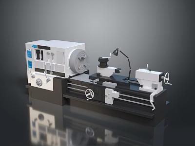Industrial Lathe Machine With Chuck Tailstock Lamp And Control Panel On Metal Bed 3d model