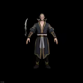 Elf Male Character In Ornate Dark Robe With Gold Accents White Sash And Curved Dagger
