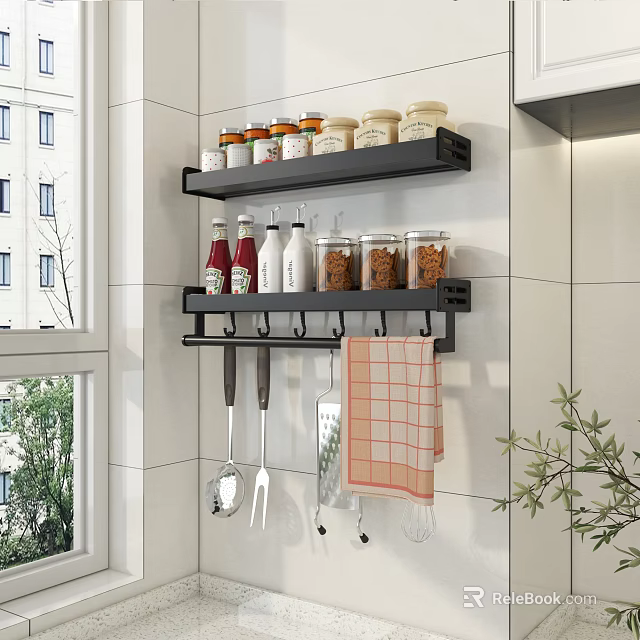 Wall Mounted Bathroom Cabinet Rack With Storage Jars Checkered Towel And Hooks 3d model 