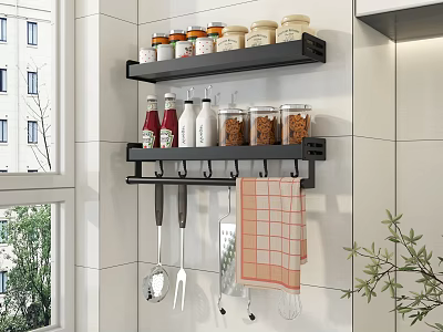 Wall Mounted Bathroom Cabinet Rack With Storage Jars Checkered Towel And Hooks 3d model