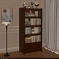 Wooden Bookcase with Glass Doors Books Decorations and Drawers in Modern Interior