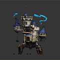 Enchanted Fantasy Castle Design With Blue Spires White Walls Mechanical Base And Floating Ribbons