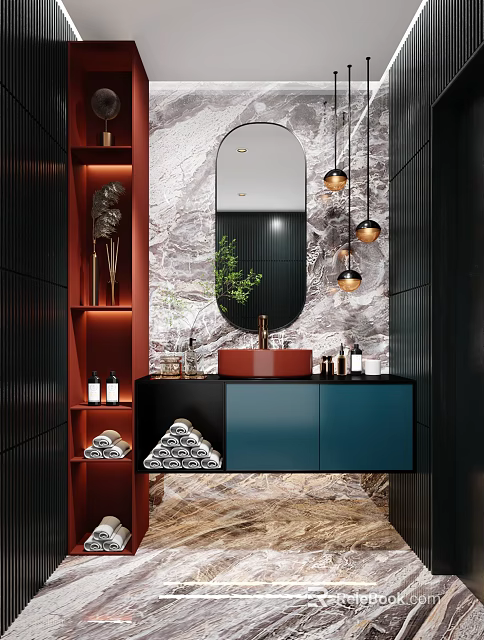 Bathroom Vanity With Red Basin Black And Blue Cabinets Marble Wall Mirror Gold Pendant Lights 3d model 