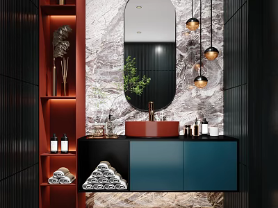 Bathroom Vanity With Red Basin Black And Blue Cabinets Marble Wall Mirror Gold Pendant Lights 3d model