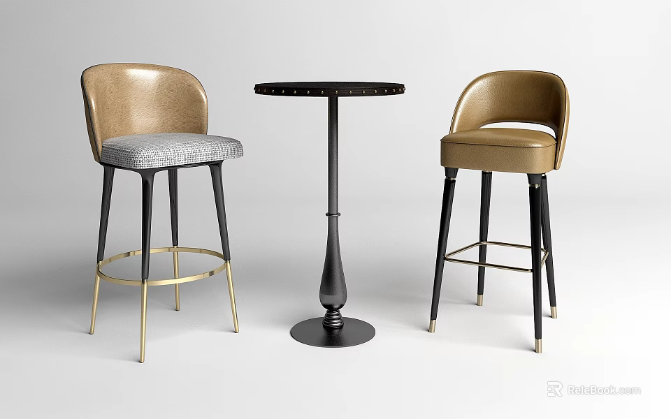 Modern Bar Counter With Round Top And Brown Leather Bar Stools Black Gold Metal Legs 3d model 
