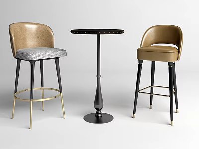 Modern Bar Counter With Round Top And Brown Leather Bar Stools Black Gold Metal Legs 3d model