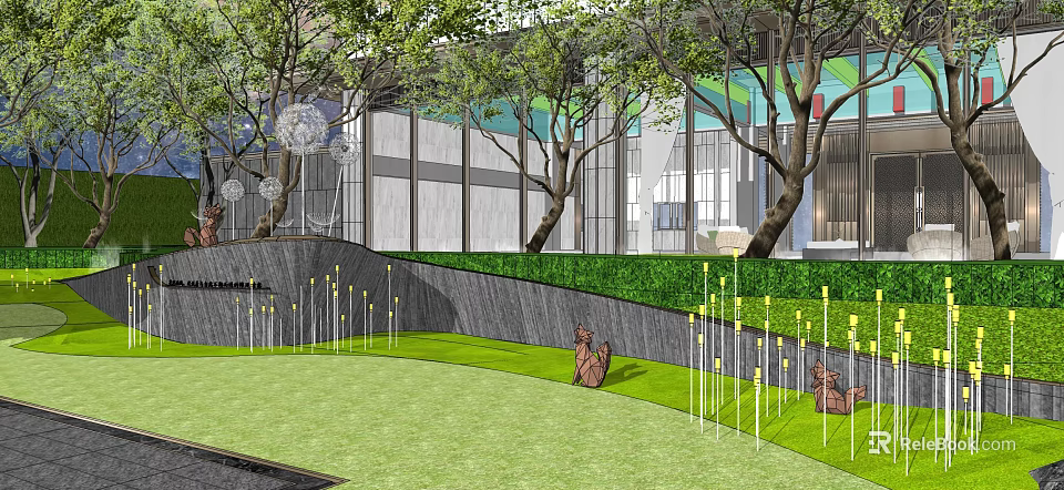 Landscape Wall Design With Green Lawn Tall Trees Decorative Light Poles And Small Animal Sculptures 3d model 