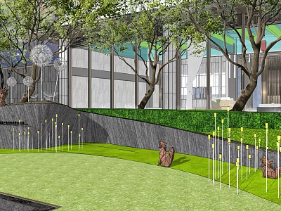 Landscape Wall Design With Green Lawn Tall Trees Decorative Light Poles And Small Animal Sculptures 3d model