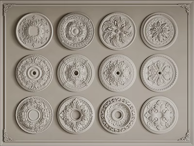 Multiple Decorative Ceiling Medallions With Intricate Ornate Designs Arranged On Wall 3d model