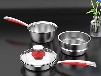 Stainless Steel Cookware Set With Red Handles And Transparent Lid 3d model