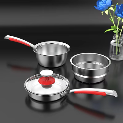 Stainless Steel Cookware Set With Red Handles And Transparent Lid 3d model