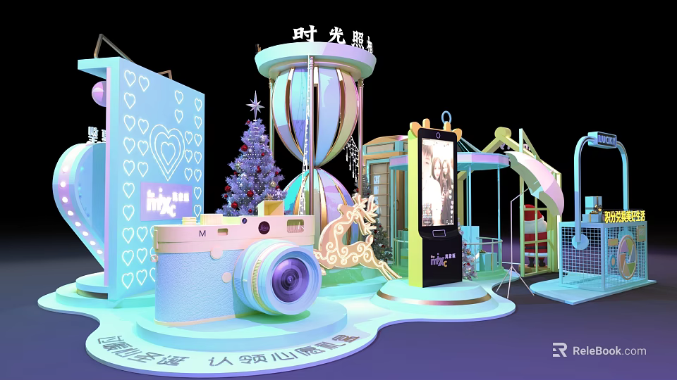 Vibrant Exhibition Display With Decorative Camera Christmas Tree Mini Carousel And Smartphone 3d model 