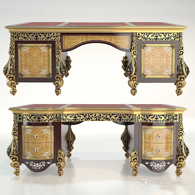 Ornate Classic Desk With Gold Carvings Dark Wood Drawers Cabinets And Intricate Details 3d model 