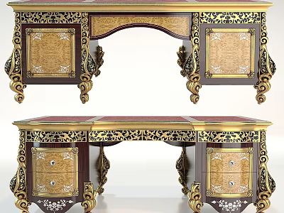 Ornate Classic Desk With Gold Carvings Dark Wood Drawers Cabinets And Intricate Details 3d model