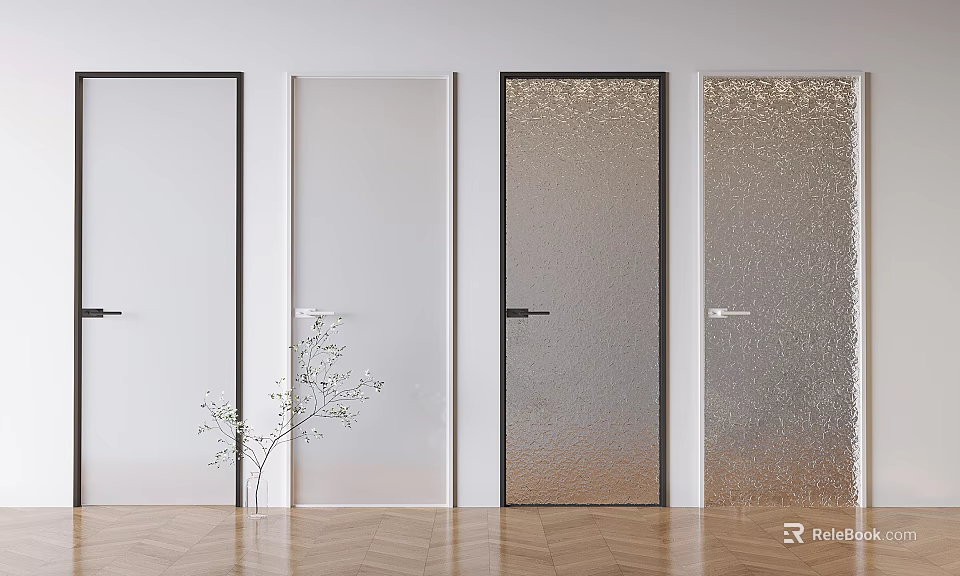 Modern Interior Hinged Doors Featuring Frosted And Textured Glass With Black Frames 3d model