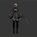 White Short Haired Woman In Black Dress And Gloves Holding Long Sword Against Gray Background