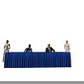 Blue Covered Conference Table With Seated People And Mannequins On Gray Background