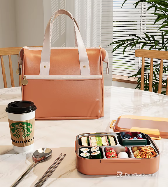 Orange Leather Lunch Bag With Starbucks Coffee Cup And Bento Box On Table 3d model 