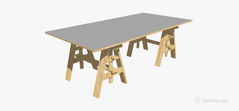 Long Rectangular Dining Table With Gray Tabletop And Wooden Cross Legs Design 3d model