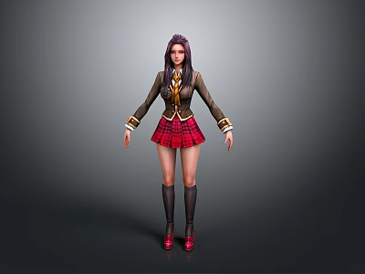 Woman in School Uniform with Plaid Skirt Blazer Knee High Socks and Red Shoes 3d model