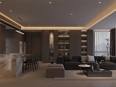 Modern Dining and Living Room Interior Design With Sofa Table Chairs Cabinets And Ambient Lighting 3d model