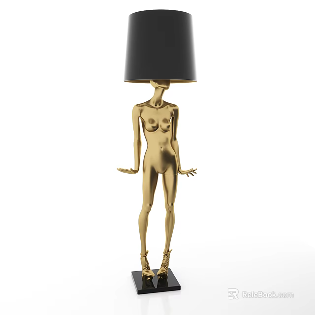 Golden Human Shaped Floor Lamp With Black Lampshade And Modern Artistic Design 3d model 