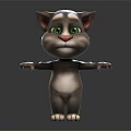 Cartoon Cat 3D Model With Green Eyes Gray Fur Standing Pose Outstretched Arms Dark Background