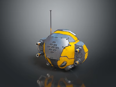 Yellow And Silver Mechanical Sphere With Antenna And Circular Metallic Components 3d model