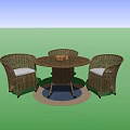 Round Wicker Table and Chair Set with Three Chairs White Cushions and Blue White Rug