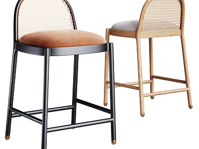 Stylish Bar Stools With Black Metal And Wooden Frames Brown Velvet Seats And Woven Backrests 3d model