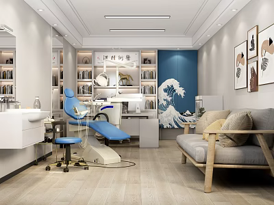 Modern Dental Clinic Interior with Blue Dental Chair White Sink Bookshelves Sofa and Wooden Flooring 3d model