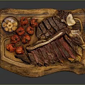 Grilled Sliced Steak With Cherry Tomatoes And Herbs On Wooden Cutting Board