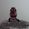 Red Small Robot Creature With Black Eyes And Metal Legs On Ground