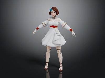 3D Game Movie Female Character with White Dress Red Belt Brown Hair and Blue Accessory 3d model