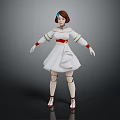 3D Game Movie Female Character with White Dress Red Belt Brown Hair and Blue Accessory