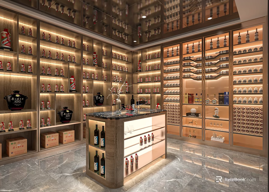 Premium Wine Specialty Store With Shelves Bottles Marble Counter And Elegant Lighting 3d model 