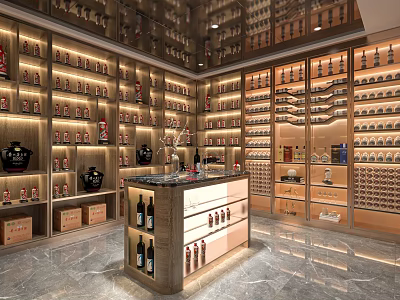 Premium Wine Specialty Store With Shelves Bottles Marble Counter And Elegant Lighting 3d model